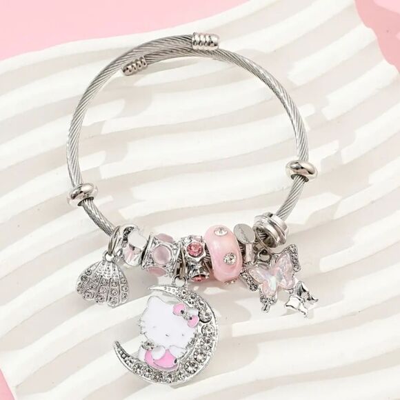 Hello Kitty Charm Pendant Silver & Pink Tone Bangle Bracelet - Picture 3 of 6